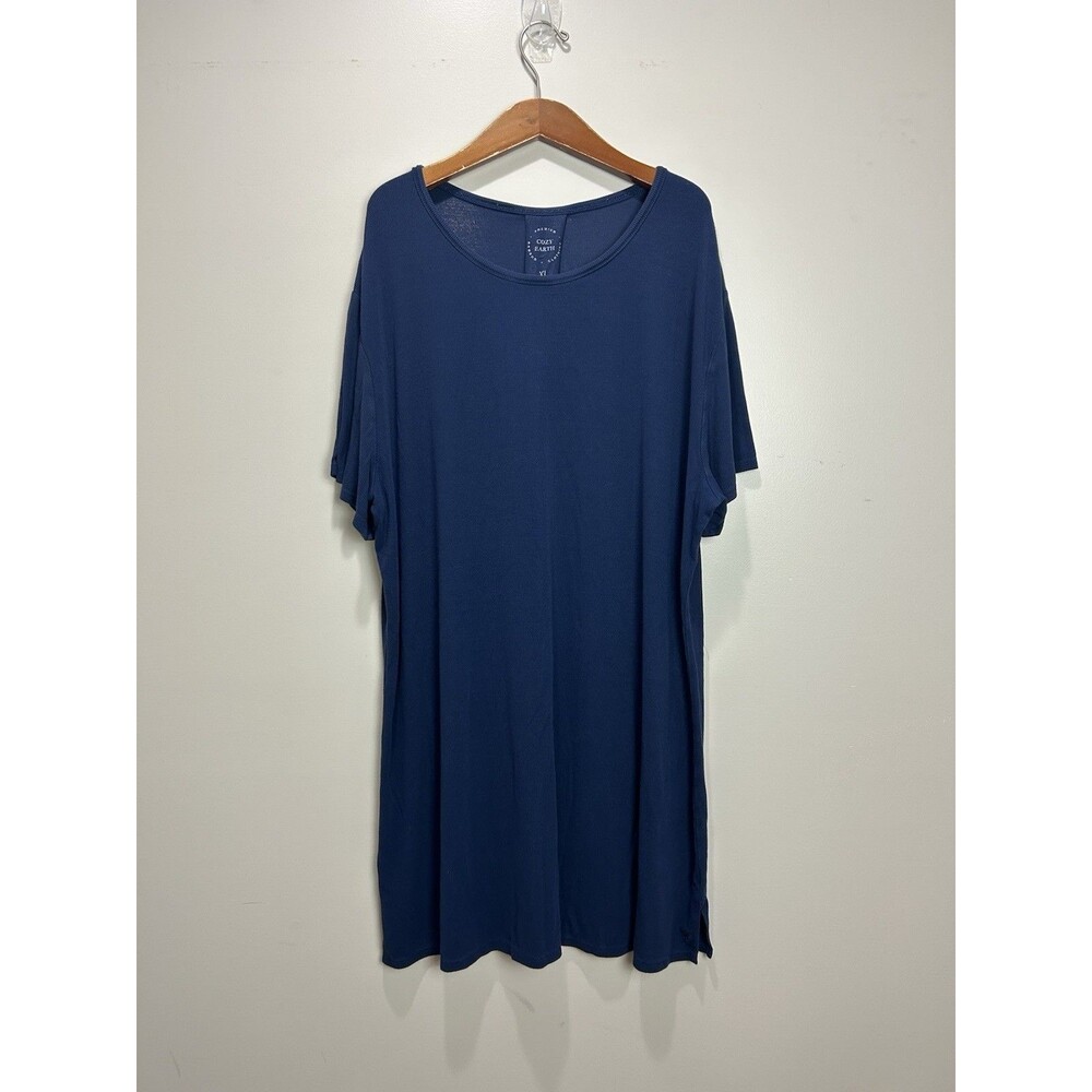 Cozy Earth Bamboo Rib-Knit Boyfriend Sleep Dress Size XL Blue Short Sleeve